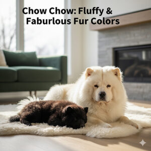 Màu lông chó Chow Chow trắng, đen và Chow Chow lông ngắn nằm nghỉ trong nhà