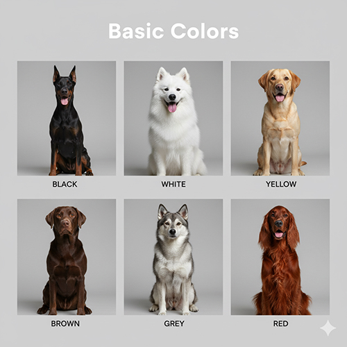Bảng minh họa sáu màu lông chó cơ bản gồm đen, trắng, vàng, nâu, xám và đỏ – giúp nhận biết các tông màu phổ biến nhất.