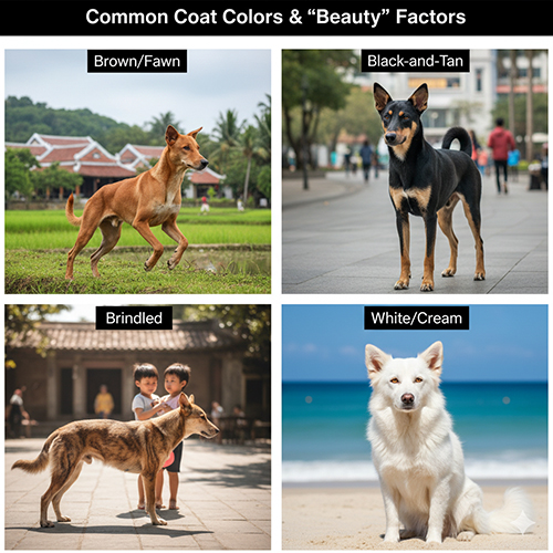 Tổng hợp các màu lông phổ biến của chó cỏ Việt Nam gồm nâu vàng, đen vàng, vện và trắng kem – thể hiện sự đa dạng và nét đẹp tự nhiên của giống chó bản địa.