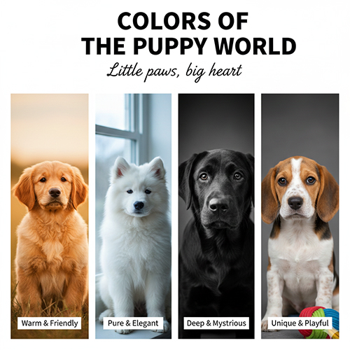 Bộ ảnh chó con với nhiều màu lông khác nhau như vàng nhạt, trắng, đen và đốm loang