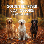 Hình minh họa ba chú chó Golden Retriever với ba màu lông khác nhau (vàng đậm, kem sáng, nâu sậm) ngồi trên thảm lá mùa thu, dùng cho bài viết hướng dẫn chọn màu lông chó Golden.