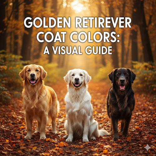 Hình minh họa ba chú chó Golden Retriever với ba màu lông khác nhau (vàng đậm, kem sáng, nâu sậm) ngồi trên thảm lá mùa thu, dùng cho bài viết hướng dẫn chọn màu lông chó Golden.