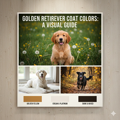 Ảnh infographic ba chú chó Golden Retriever với ba tông màu vàng, kem sáng và sẫm màu, kèm chú thích tên từng nhóm màu lông.
