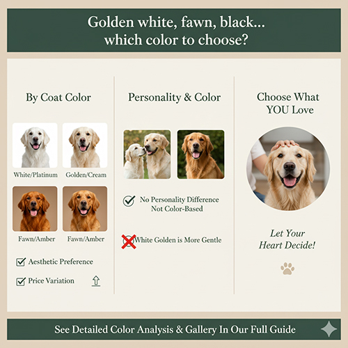 Infographic các màu lông chó Golden từ trắng kem, vàng bò đến nâu sậm gần đen và gợi ý cách chọn màu phù hợp