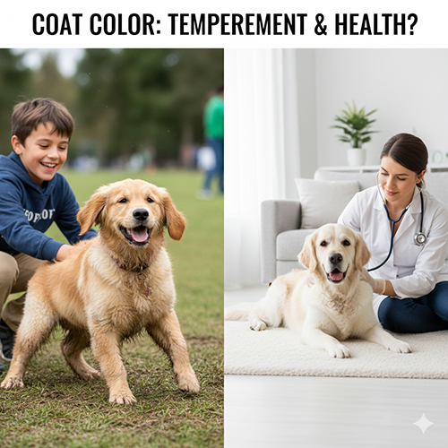 Ảnh ghép hai khung cảnh chó Golden Retriever: một bé chơi với cậu bé ngoài công viên và một bé Golden kem đang được bác sĩ thú y khám trong phòng khách.