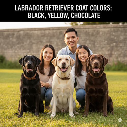 Ảnh ba chú chó Labrador Retriever với ba màu lông đen, vàng và socola chụp cùng gia đình