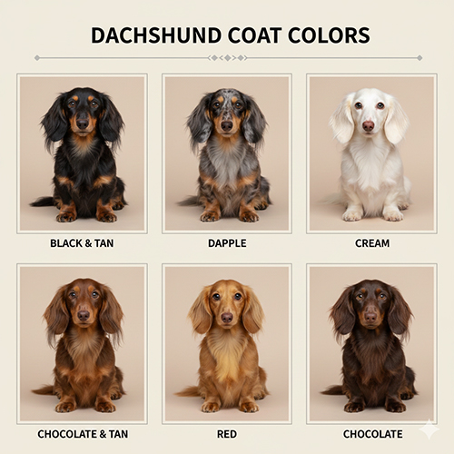 Bảng màu lông chó Lạp xưởng gồm đen, loang, trắng, socola, vàng và nâu