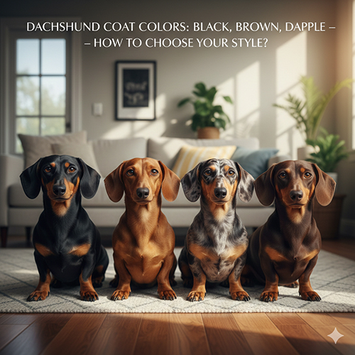 Bốn chú chó Lạp Xưởng với các màu lông: đen, nâu, loang và nâu đỏ