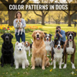 Các giống chó với màu lông và hoa văn khác nhau – minh họa các pattern phổ biến như solid, bi-color, tri-color, merle, brindle.