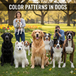Các giống chó với màu lông và hoa văn khác nhau – minh họa các pattern phổ biến như solid, bi-color, tri-color, merle, brindle.