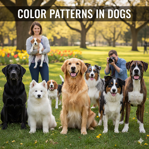Các giống chó với màu lông và hoa văn khác nhau – minh họa các pattern phổ biến như solid, bi-color, tri-color, merle, brindle.