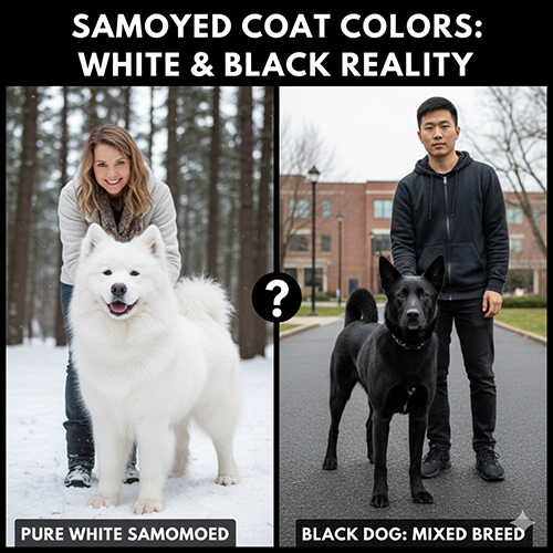 Màu lông chó Samoyed trắng thuần và so sánh với chó lông đen không phải Samoyed