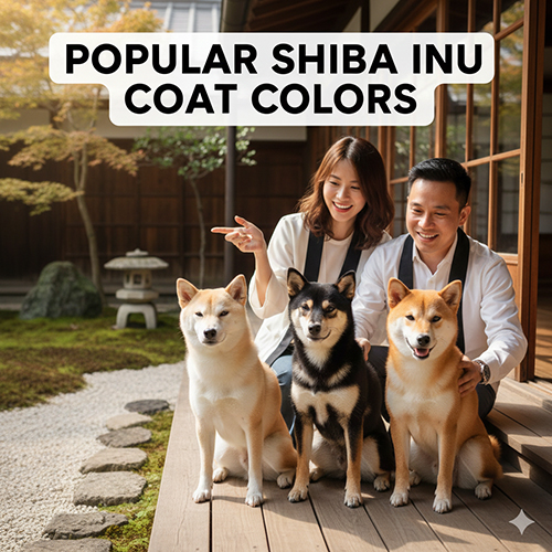 Ảnh đôi vợ chồng ngồi cùng ba chó Shiba Inu màu trắng, đen và vàng trong sân vườn Nhật Bản