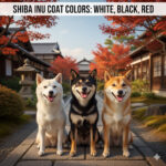Hình ba chó Shiba Inu màu trắng, đen và vàng ngồi cạnh nhau trong sân vườn Nhật Bản mùa thu