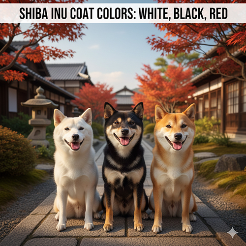 Hình ba chó Shiba Inu màu trắng, đen và vàng ngồi cạnh nhau trong sân vườn Nhật Bản mùa thu