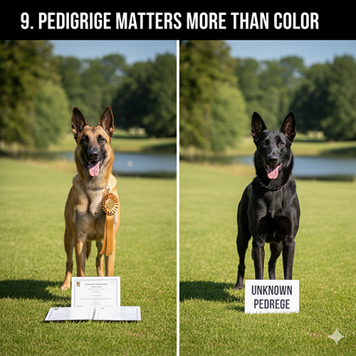 Hai chó Malinois đứng cạnh nhau: một bé vàng có giấy tờ đầy đủ và một bé đen không rõ phả hệ