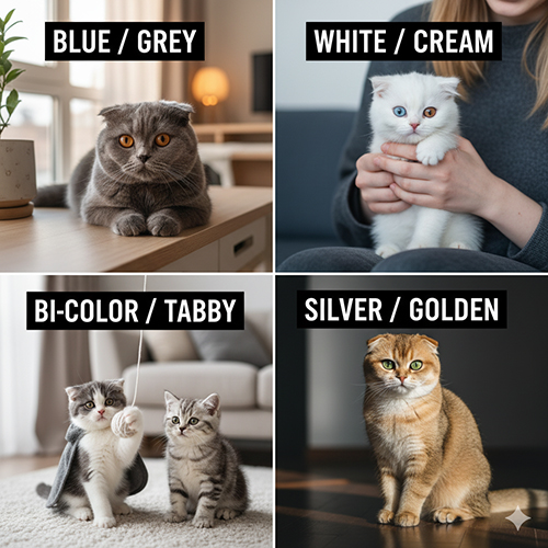 Các màu lông phổ biến của mèo Anh lông ngắn tai cụp gồm xám xanh, trắng, vàng, bicolor và silver