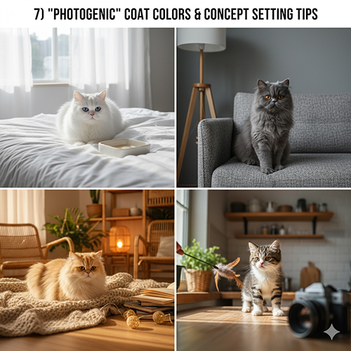 Bốn chú mèo với các màu lông trắng, xám, golden và tabby trong nhiều bối cảnh chụp ảnh khác nhau