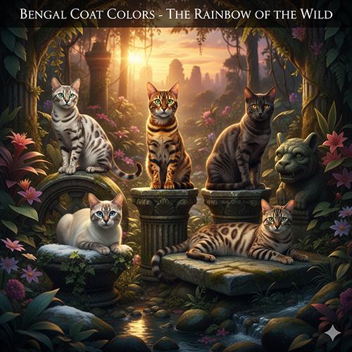 Mèo Bengal nhiều màu lông đẹp – nâu, bạc, trắng, marble và hoa hồng, trong khung cảnh cổ điển rừng nhiệt đới.