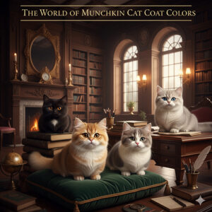 Bốn mèo Munchkin với các màu lông khác nhau (đen, vàng, xám tabby, colorpoint) trong không gian cổ điển, ánh sáng ấm