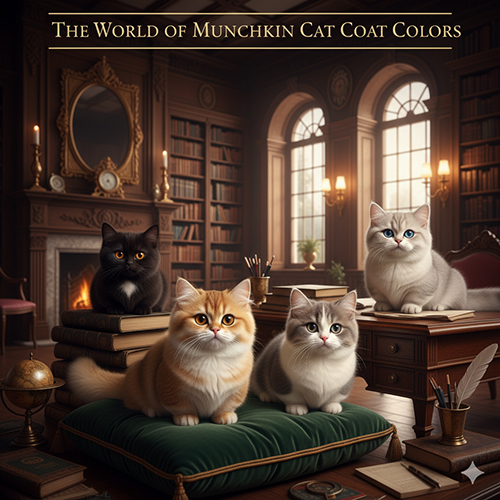 Bốn mèo Munchkin với các màu lông khác nhau (đen, vàng, xám tabby, colorpoint) trong không gian cổ điển, ánh sáng ấm