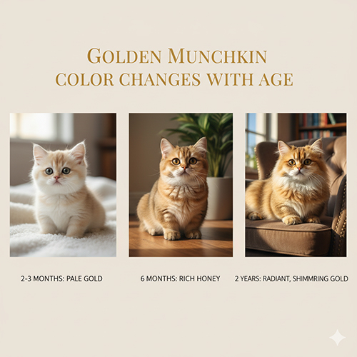 Ba bé mèo Munchkin Golden ở các giai đoạn 2–3 tháng, 6 tháng và 2 năm tuổi, thể hiện rõ sự chuyển biến sắc vàng từ nhạt đến óng ánh kim.