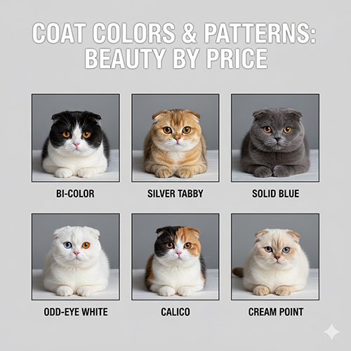 Sáu bé mèo Scottish Fold nằm cạnh nhau với các màu lông khác nhau như bicolor, silver tabby, solid blue, odd-eye white, calico và cream point