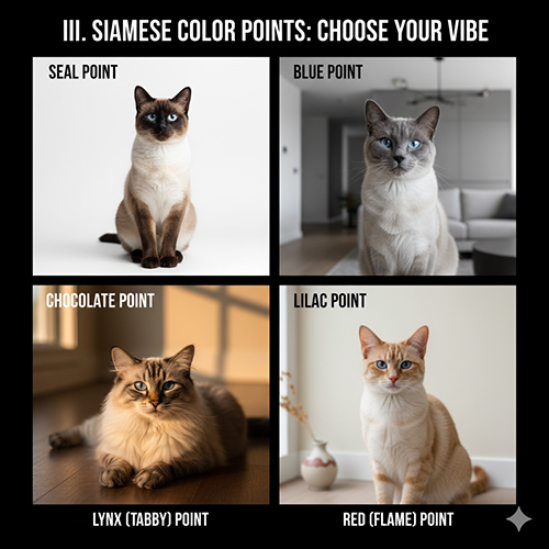 Bảng màu mèo Xiêm với sáu kiểu point đặc trưng: seal, blue, chocolate, lilac, lynx và red, thể hiện sự đa dạng sắc độ và phong cách của giống mèo Xiêm