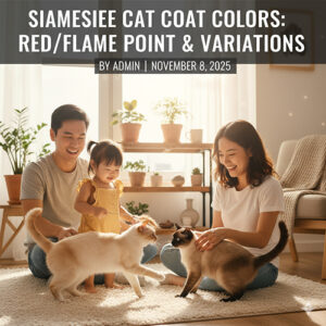 Mèo Xiêm lông sáng với point đỏ cam chơi cùng gia đình trong phòng khách ấm áp, ánh sáng tự nhiên