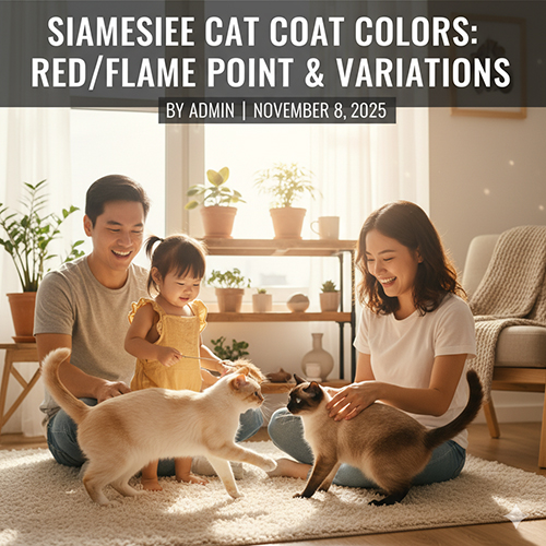 Mèo Xiêm lông sáng với point đỏ cam chơi cùng gia đình trong phòng khách ấm áp, ánh sáng tự nhiên