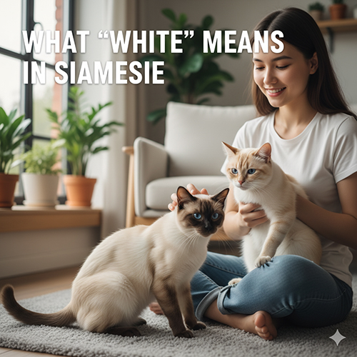 Cô gái trẻ ngồi trong phòng khách sáng sủa vuốt ve hai chú mèo Xiêm, một bé point đậm và một bé thân sáng kem