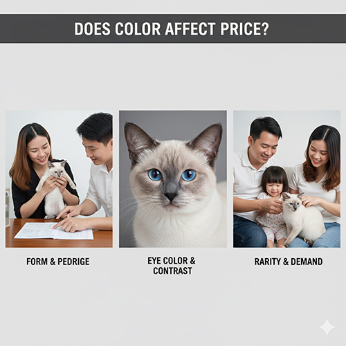 Ba khung ảnh minh họa yếu tố ảnh hưởng giá mèo Xiêm: hình thể và nguồn trại, màu mắt và độ tương phản, độ hiếm và nhu cầu thị trường