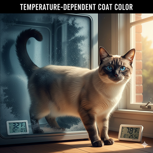 Mèo Xiêm đứng giữa hai môi trường lạnh và ấm thể hiện cơ chế đổi màu lông theo nhiệt độ