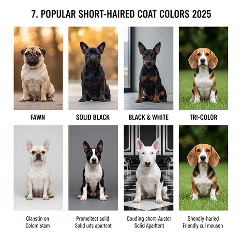 Hình ảnh các màu lông ngắn phổ biến ở chó cảnh như vàng nâu, đen tuyền, trắng đen và tam thể