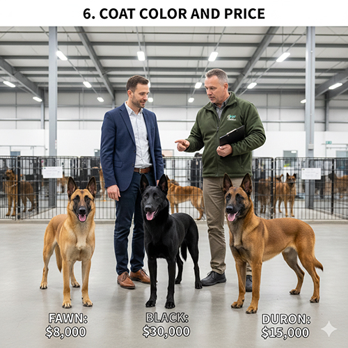 Ba chó Malinois ba màu lông khác nhau đứng trong trại giống cùng hai người đàn ông đang trao đổi về giá