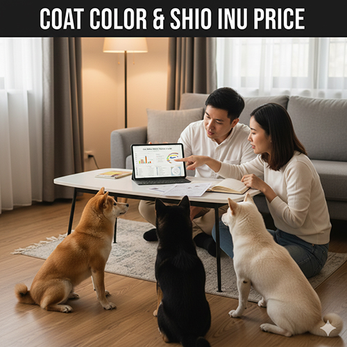 Ảnh cặp đôi đang xem bảng giá trên laptop, ba chó Shiba màu vàng, đen và trắng ngồi trước mặt trong phòng khách