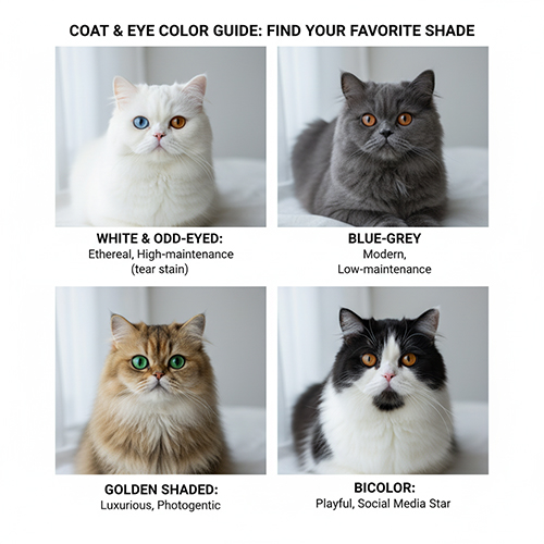 Bốn màu lông mèo Ba Tư: trắng mắt hai màu, xanh xám, golden shaded và bicolor, minh họa các sắc độ phổ biến