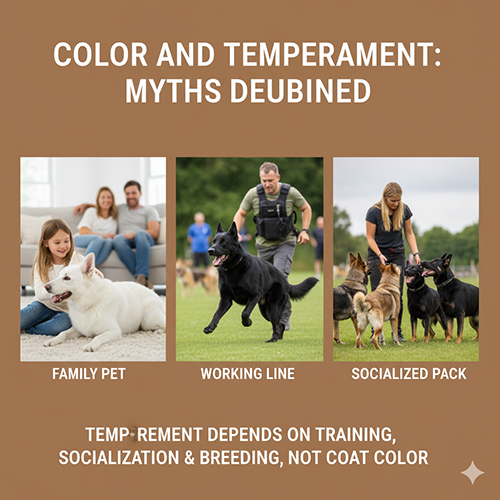 Ba hình minh họa chó Becgie trong vai trò thú cưng gia đình, chó working và đàn đã được xã hội hóa để làm rõ rằng màu lông không quyết định tính cách.