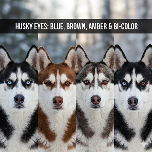 Màu mắt chó Husky gồm xanh, nâu, hổ phách và mắt 2 màu đặc trưng