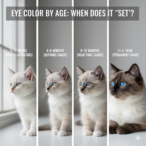 Bốn giai đoạn thay đổi màu mắt mèo Ragdoll từ 6 tuần tới hơn 1 năm tuổi