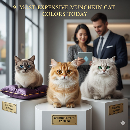 Ba mèo Munchkin màu blue-point, golden và silver ngồi trên bục trưng bày sang trọng, hậu cảnh cặp đôi đang chọn mèo.