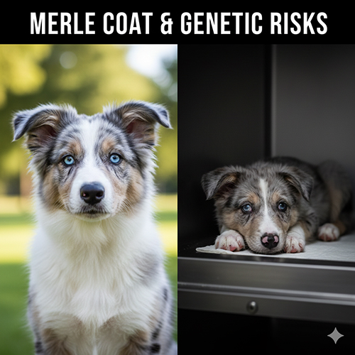 Ảnh chó Border Collie lai màu merle với mắt xanh và một bé merle nằm trong chuồng thú y, minh họa nguy cơ di truyền liên quan đến gen merle.
