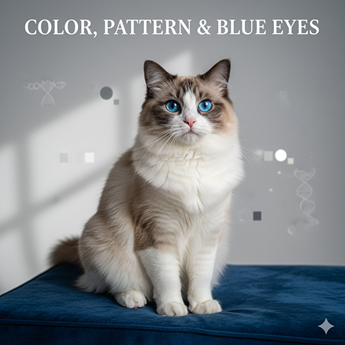Mèo Ragdoll ngồi trên đôn xanh với đôi mắt xanh nổi bật, minh họa yếu tố màu, pattern và mắt xanh ảnh hưởng đến giá