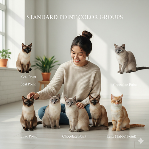 Các nhóm màu point tiêu chuẩn của mèo Xiêm gồm seal, blue, chocolate, lilac, red (flame) và lynx (tabby) point