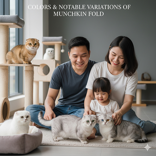 Mèo Munchkin Fold nhiều màu: trắng, vàng kem, xám khói, tabby và bicolor trong phòng khách gia đình