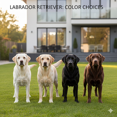 Các màu lông chó Labrador gồm vàng đen nâu và trắng đứng cạnh nhau