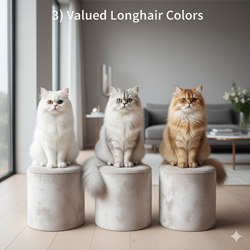 Ba bé mèo Ba Tư lông dài với ba màu: trắng, silver và golden, ngồi trên ghế tròn trong phòng sáng