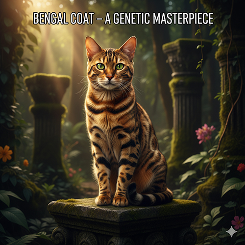 Mèo Bengal lông nâu rosetted ngồi giữa rừng xanh, ánh nắng chiếu qua tán lá, thể hiện vẻ đẹp di truyền hoang dã.