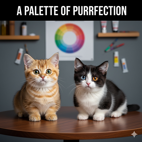 Hai chú mèo Munchkin ngồi trên bàn gỗ, một con màu vàng Golden và một con Bicolor đen trắng mắt hai màu, phía sau là bảng màu vẽ – thể hiện sự đa dạng màu sắc của giống mèo chân ngắn.