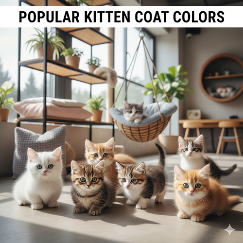 Các màu lông phổ biến của mèo chân ngắn con (Munchkin): trắng, vàng kem, xám khói, tabby vằn, bicolor, golden và mắt 2 màu – ảnh 5 bé ngồi trong phòng khách.